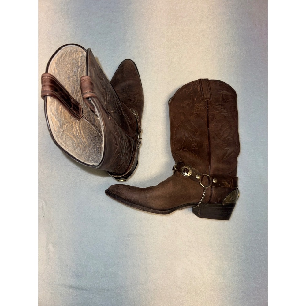 Mens Brown Leather Western Cowboy Boots Harness Horseshoe Heel Plate Chain - Picture 5 of 6